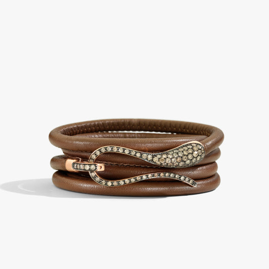 Bracciale Elika in Pelle Marrone con chiusura in Oro Rosa 18k, rodio nero e Diamanti Brown