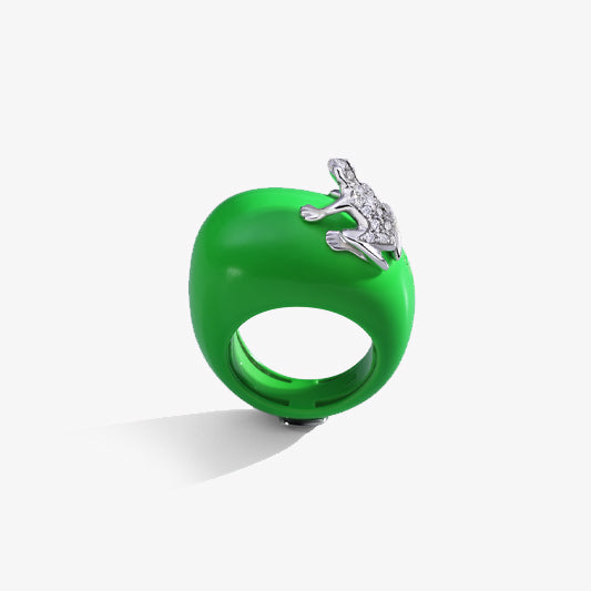 Anello Happy Frog Verde fluo con rana in Oro Bianco 18k e Diamanti 